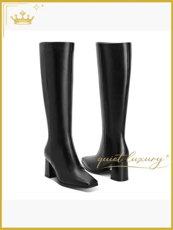 Knee High Boots Chunky Heel Side Zip Pointed Toe
